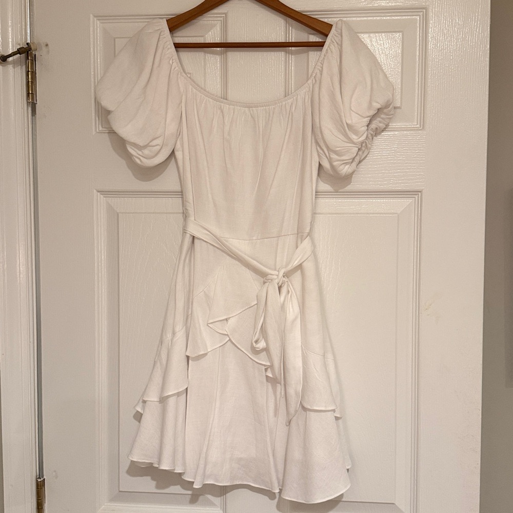 Trixxi White Puff-Sleeve Ruffle Mini Dress